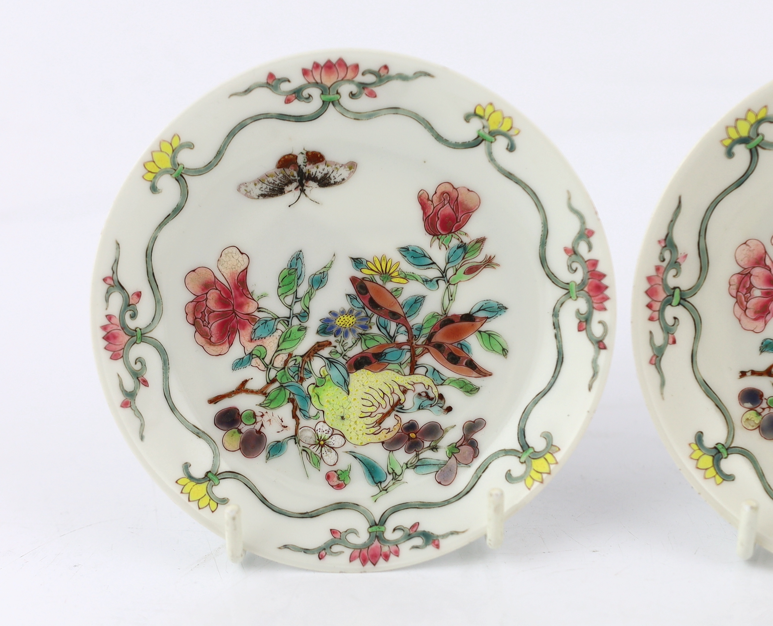 A pair of Chinese famille rose semi-eggshell porcelain saucer dishes, Yongzheng period